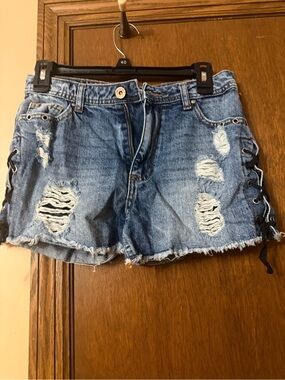 Distressed Lace-Up Blue Denim Jean Shorts